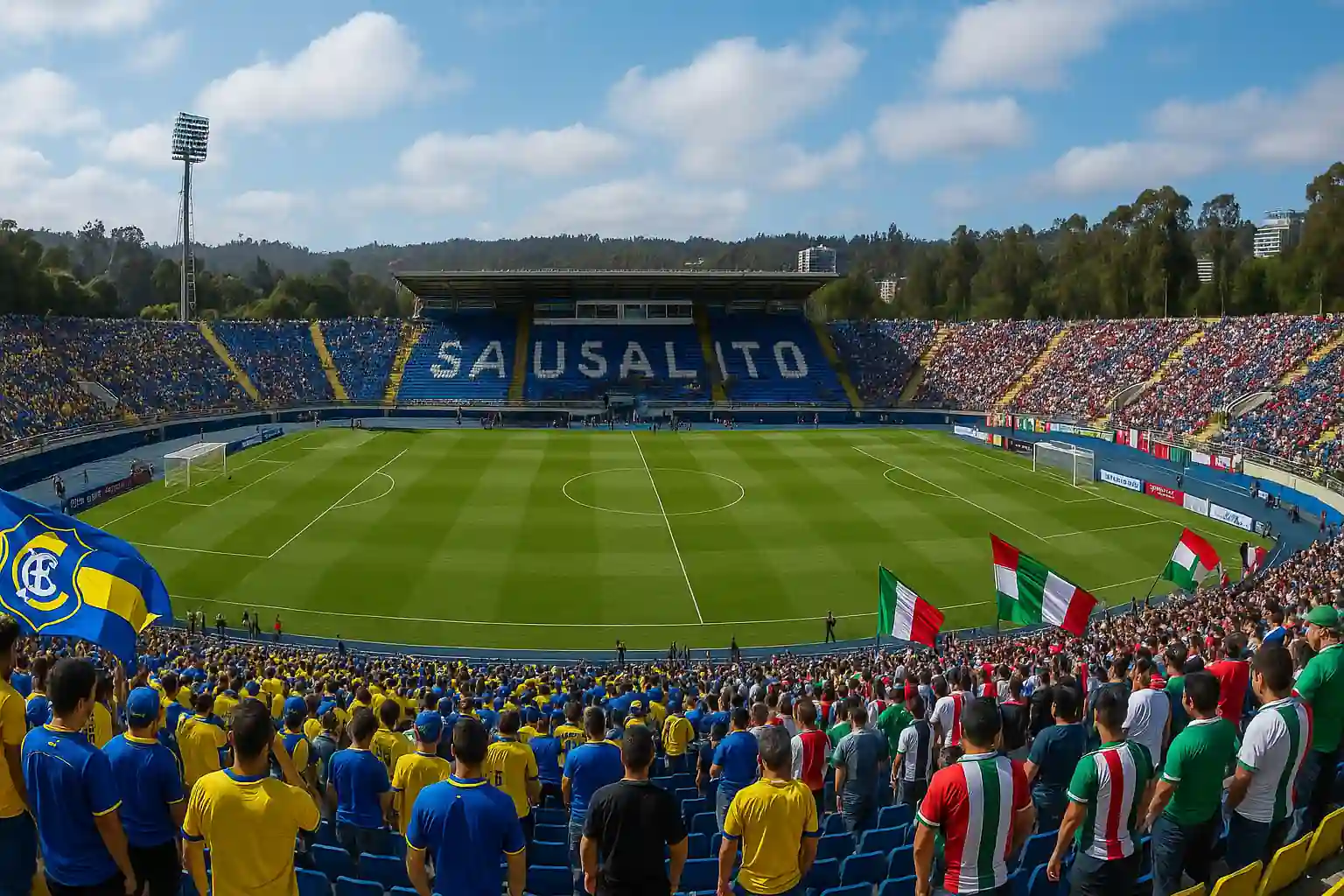 Aficionados de Everton y Palestino en el Estadio Sausalito antes del partido.